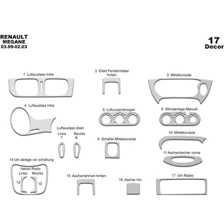Meriç® Renault Megane Ön Torpido Kaplama 17 Parça 1999-2003