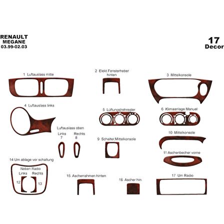 Meriç® Renault Megane Ön Torpido Kaplama 17 Parça 1999-2003