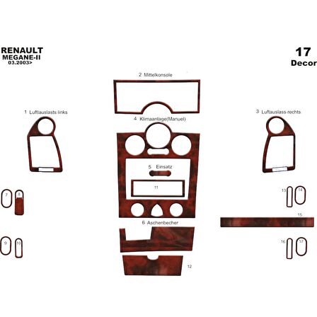 Meriç® Renault Megane 2 Ön Torpido Kaplama 17 Parça (Dijital Klima) 03-09