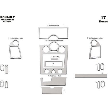 Meriç® Renault Megane 2 Ön Torpido Kaplama 17 Prç (Analog Klima) 03-09