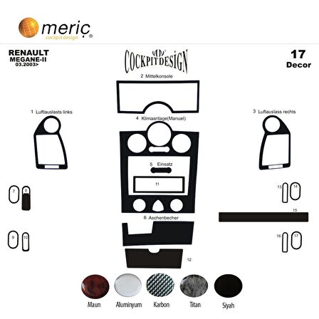 Meriç® Renault Megane 2 Ön Torpido Kaplama 17 Prç (Analog Klima) 03-09