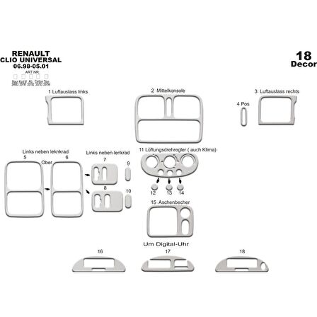 Meriç® Renault Clio Ön Torpido Kaplama 18 Parça 1998-2001