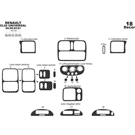 Meriç® Renault Clio Ön Torpido Kaplama 18 Parça 1998-2001