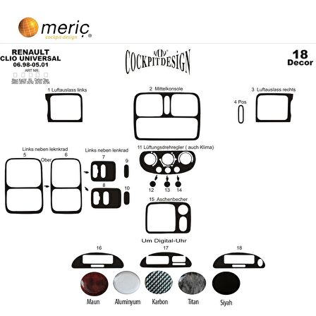Meriç® Renault Clio Ön Torpido Kaplama 18 Parça 1998-2001