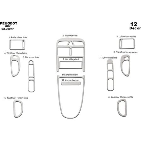 Meriç® Peugeot 307 Ön Torpido Kaplama 12 Parça 2004-2008