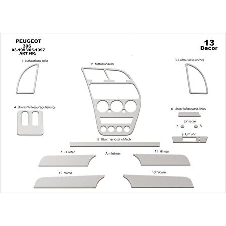Meriç® Peugeot 306 Ön Torpido Kaplama 13 Parça 1993-1997