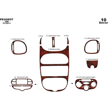 Meriç® Peugeot 206 Ön Torpido Kaplama Maun 10 Parça 2001-2010