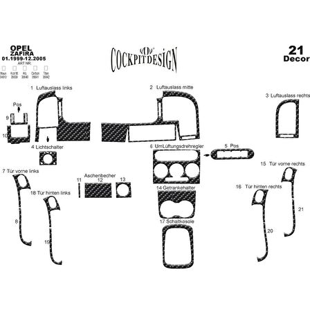 Meriç® Opel Zafira Ön Torpido Kaplama 21 Parça 1999-2005
