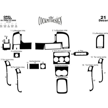 Meriç® Opel Zafira Ön Torpido Kaplama 21 Parça 1999-2005