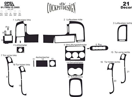 Meriç® Opel Zafira Ön Torpido Kaplama 21 Parça 1999-2005
