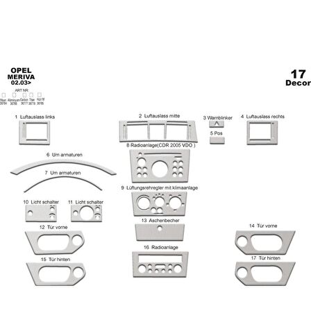 Meriç® Opel Meriva Ön Torpido Kaplama 17 Parça 2003-2007