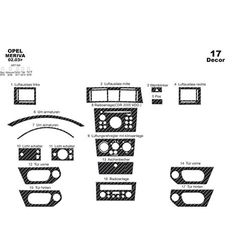 Meriç® Opel Meriva Ön Torpido Kaplama 17 Parça 2003-2007