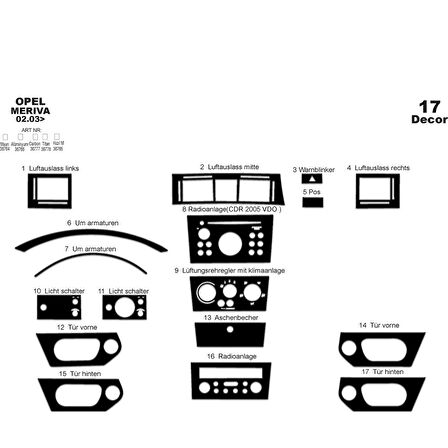 Meriç® Opel Meriva Ön Torpido Kaplama 17 Parça 2003-2007
