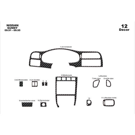 Meriç® Nissan Sunny Ön Torpido Kaplama 12 Parça 1991-1995