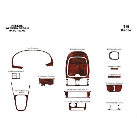 Meriç® Nissan Almera SD Ön Torpido Kaplama 16 Parça 2000-2003