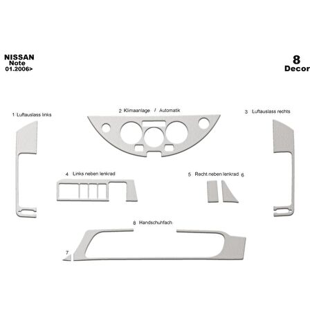 Meriç® Nissan Note Ön Torpido Kaplama 8 Parça 2006-2011