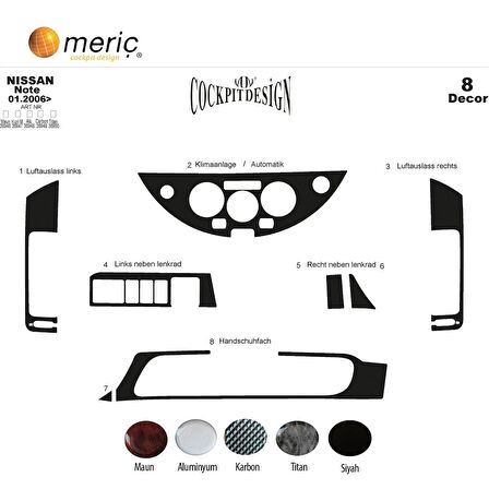 Meriç® Nissan Note Ön Torpido Kaplama 8 Parça 2006-2011