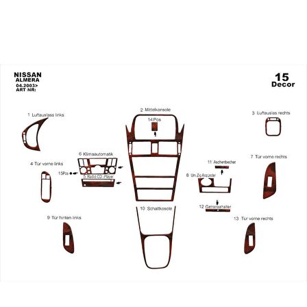 Meriç® Nissan Almera Ön Torpido Kaplama 15 Parça 2003-2008