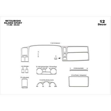 Meriç® Mitsubishi Pajero Sport Ön Torpido Kaplama 12 P. 1998-2002