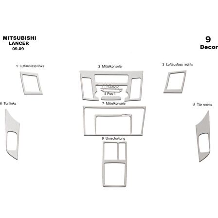 Meriç® Mitsubishi Lancer Ön Torpido Kaplama 9 Parça 2009-2016