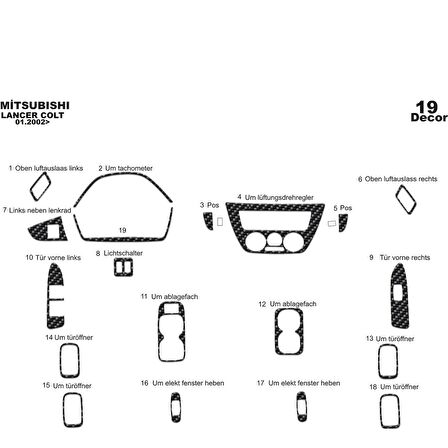 Meriç® Mitsubishi Lancer Ön Torpido Kaplama 19 Parça 2002-2009