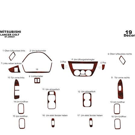 Meriç® Mitsubishi Lancer Ön Torpido Kaplama 19 Parça 2002-2009