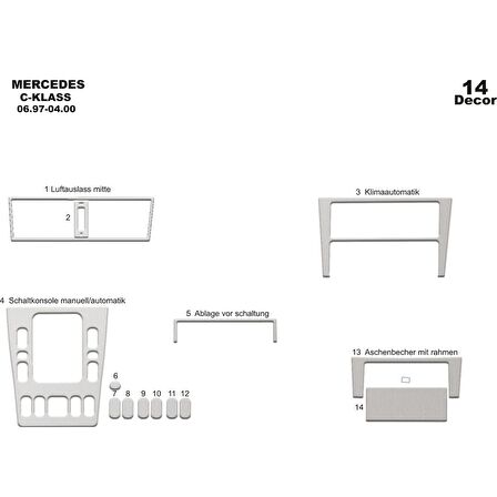 Meriç® Mercedes C Serisi Ön Torpido Kaplama 14 Parça 1997-2000
