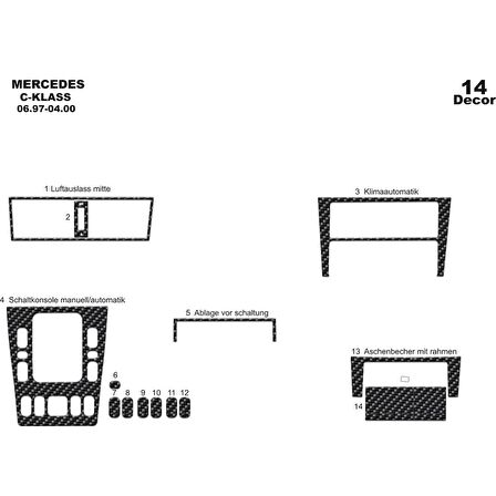 Meriç® Mercedes C Serisi Ön Torpido Kaplama 14 Parça 1997-2000