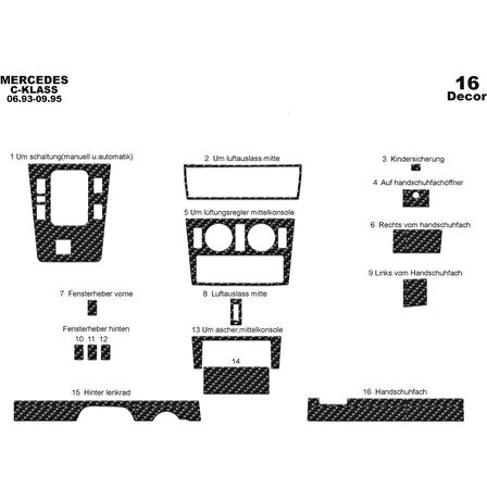 Meriç® Mercedes C Serisi Ön Torpido Kaplama 16 Parça 1993-1995