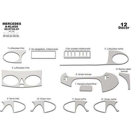 Meriç® Mercedes A Serisi Ön Torpido Kaplama 12 Parça 1997-2001