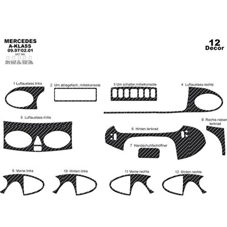 Meriç® Mercedes A Serisi Ön Torpido Kaplama 12 Parça 1997-2001