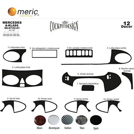 Meriç® Mercedes A Serisi Ön Torpido Kaplama 12 Parça 1997-2001