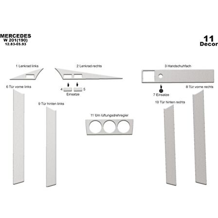 Meriç® Mercedes 190 Ön Torpido Kaplama 11 Parça 1983-1993
