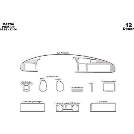 Meriç® Mazda Pick-Up Ön Torpido Kaplama 12 Parça 1999-2006