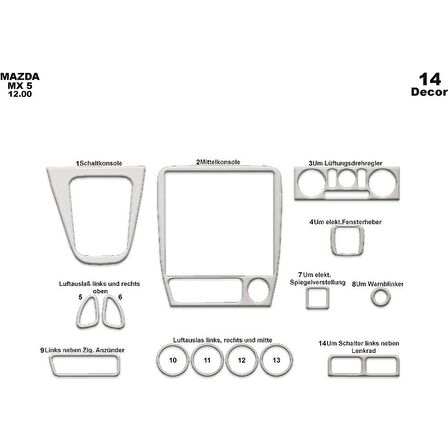 Meriç® Mazda MX 5 Ön Torpido Kaplama 14 Parça 2000-2005