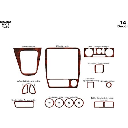 Meriç® Mazda MX 5 Ön Torpido Kaplama 14 Parça 2000-2005