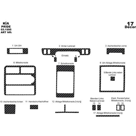 Meriç® Kia Pride Ön Torpido Kaplama 17 Parça 1995-2006