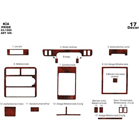 Meriç® Kia Pride Ön Torpido Kaplama 17 Parça 1995-2006