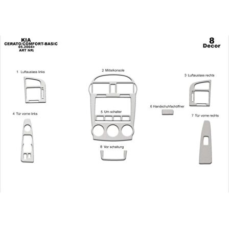 Meriç® Kia Cerato LX Sedan Ön Torpido Kaplama 8 Parça 2004-2007