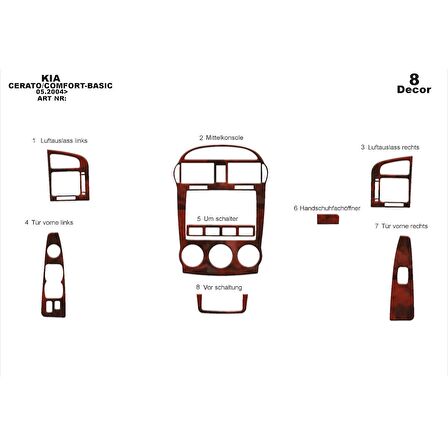 Meriç® Kia Cerato LX Sedan Ön Torpido Kaplama 8 Parça 2004-2007