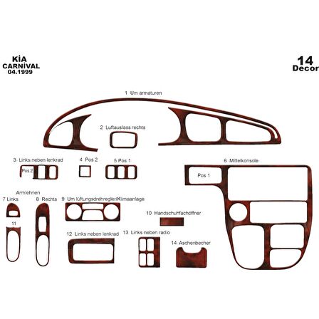 Meriç® Kia Carnival Ön Torpido Kaplama 14 Parça 1999-2006