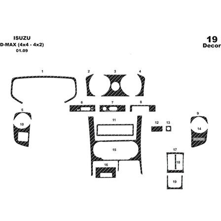 Meriç® Isuzu D Max 4x2-4x4 Ön Torpido Kaplam 19 Parça 2007-2012