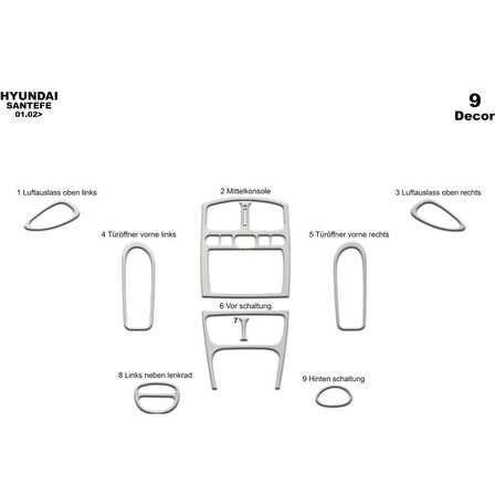 Meriç® Hyundai Santa Fe Ön Torpido Kaplama 9 Parça 2002-2006