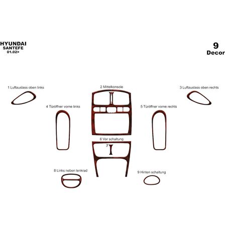 Meriç® Hyundai Santa Fe Ön Torpido Kaplama 9 Parça 2002-2006