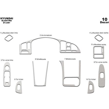Meriç® Hyundai Elantra Ön Torpido Kaplama 10 Parça 2004-2007