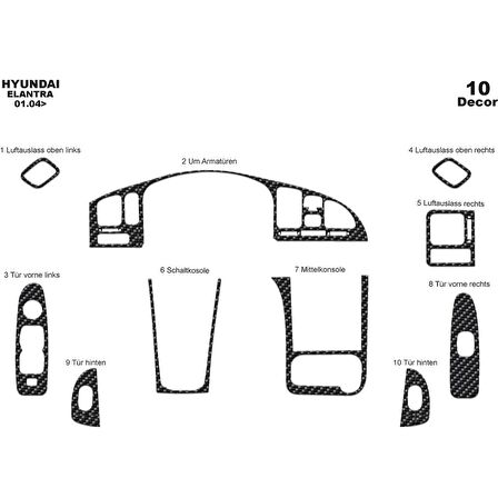 Meriç® Hyundai Elantra Ön Torpido Kaplama 10 Parça 2004-2007