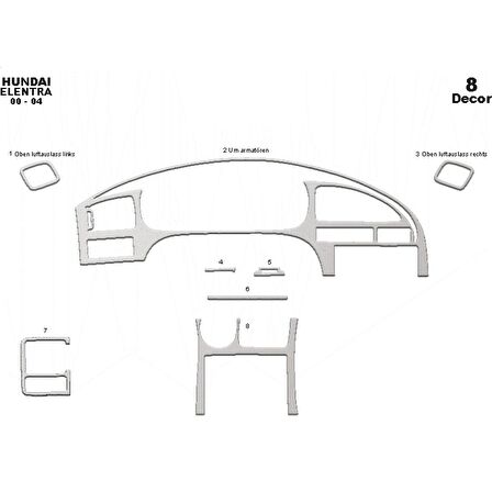 Meriç® Hyundai Elantra Ön Torpido Kaplama 8 Parça 2000-2004