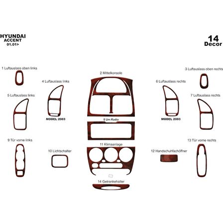 Meriç® Hyundai Accent Ön Torpido Kaplama 14 Parça 2001-2005