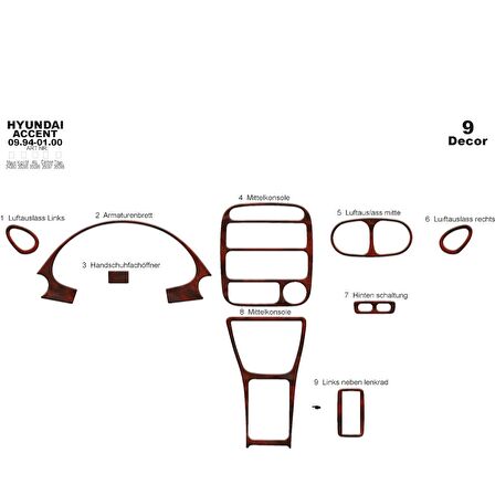 Meriç® Hyundai Accent Ön Torpido Kaplama 9 Parça 1994-2000