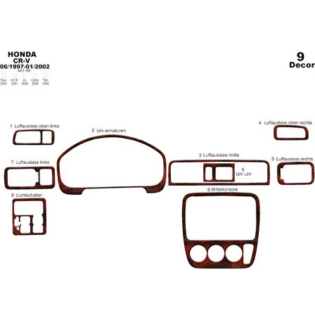 Meriç® Honda CR-V 4x4 Ön Torpido Kaplama 9 Parça 1997-2002